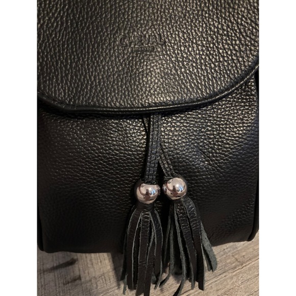 NWOT Cheval Firenze Black Leather Backpack Tassel Drawstring Flap Shoulder Bag - Picture 6 of 8